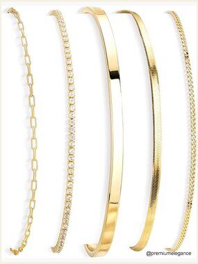 5-Piece Gold Bracelet Set: Paperclip, Herringbone, Cuban, Tennis, Cuff